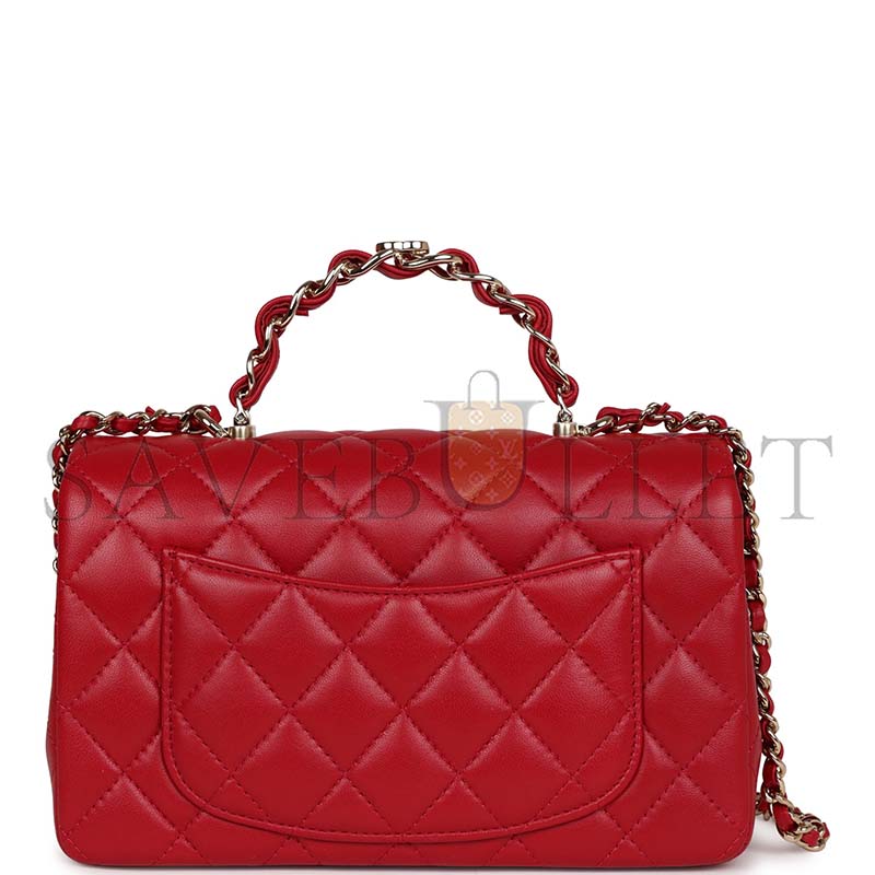 Ch**el mini rectangular flap with top handle red lambskin light gold hardware (20*12*6cm)
